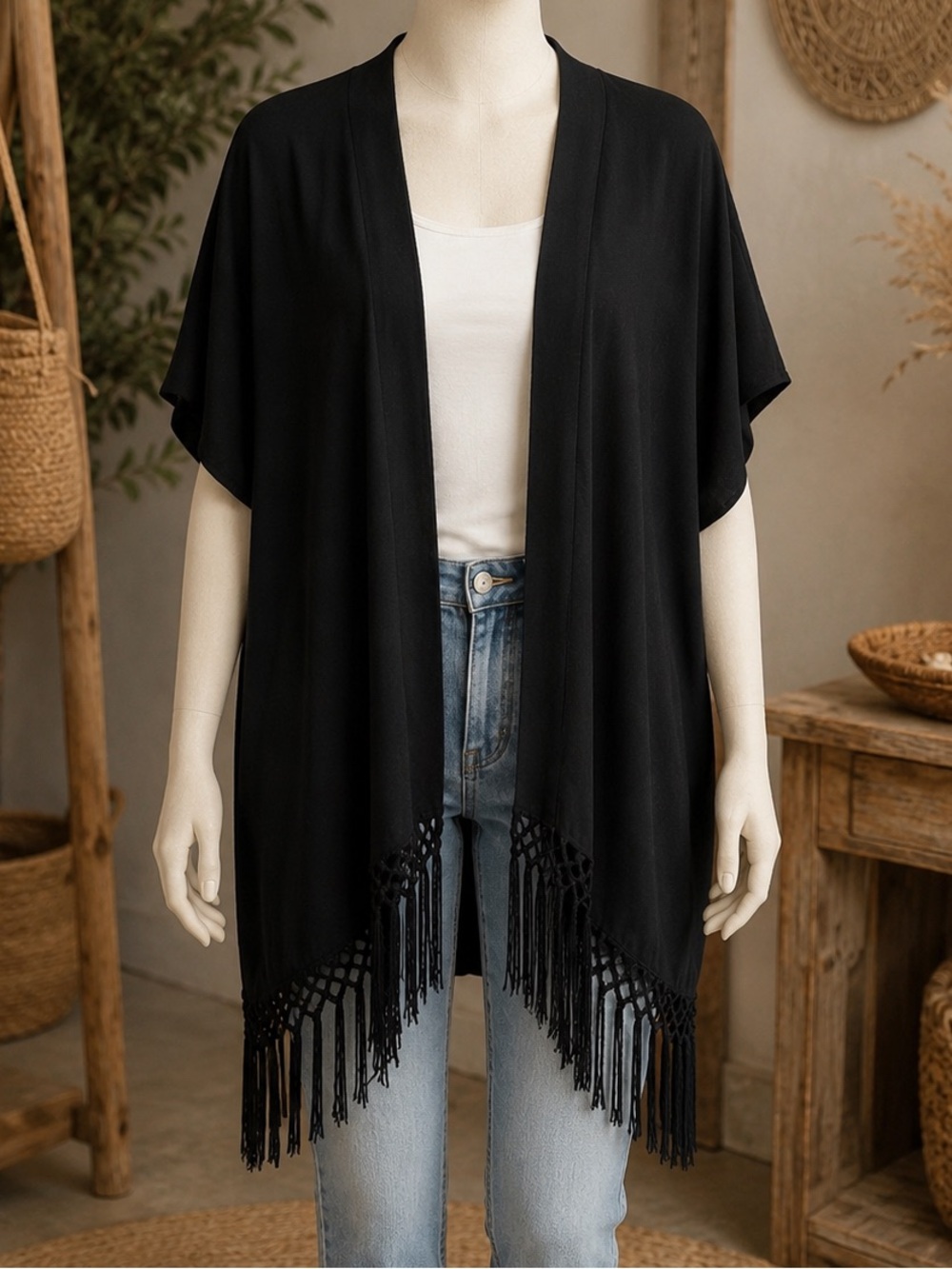 I.N. Studio Black‎ Komono Short Sleeve Open Front Top Large